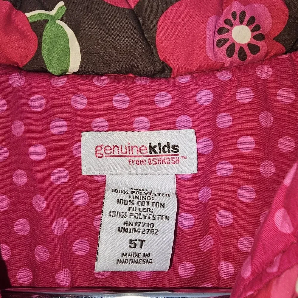 Girls Oshkosh Genuine Kids Full Zip Brown w/ Flowers Quilted Puffer Vest Size 5T